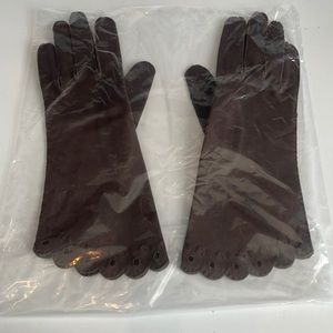 Vtg 1940s brown suede women’s gloves WPL 100% English double woven cotton 6 1/2
